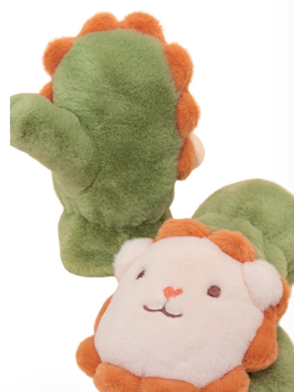 Kids Plush Mittens in Green and Orange - Cute Lion Design